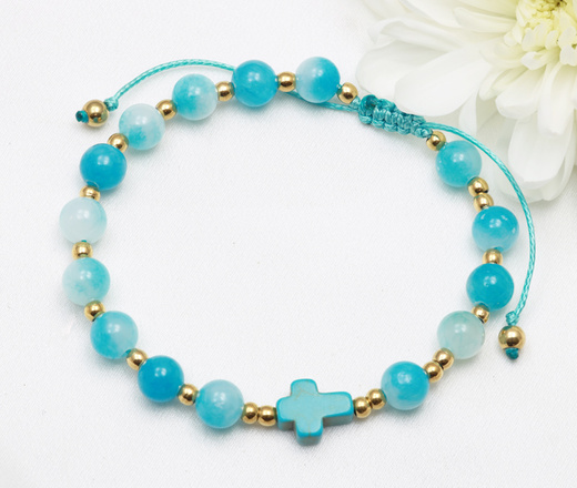  bransoletka różaniec stal złocona na sznureczku turkusowy 1877/13