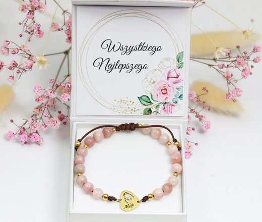 1738 różowa bransoletka złocona z grawerem i kamieniem słonecznym