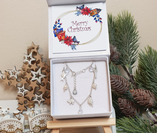 1588 bransoletka srebrna 925 z kryształkami zawieszkami i perłami