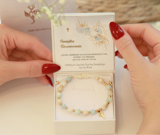 1714/3 bransoletka różaniec złota,miętowo błękitna pastelowa