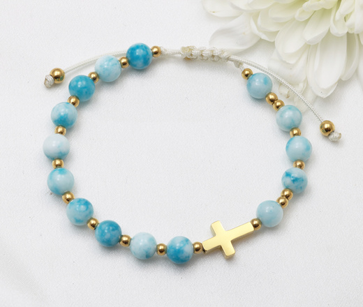 Bransoletka różaniec z krzyżykiem błękitny jadeit 1877/8