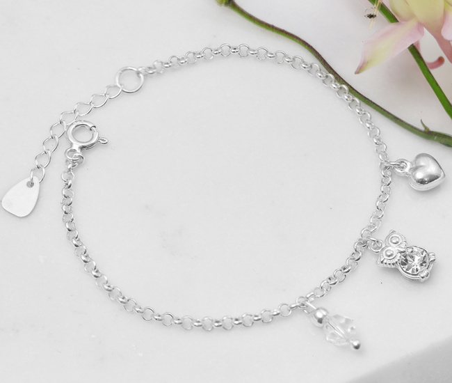 bransoletka dla nauczyciela srebrna 925 serce i sowa 1814/5