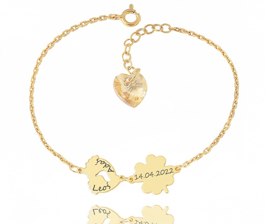 1481 bransoletka srebrna 925 złocona z grawerem koniczynka serce stopki