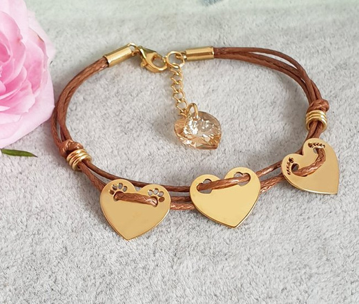 1180 bransoletka grawerowana złota srebro 925 na sznurku trzy serca