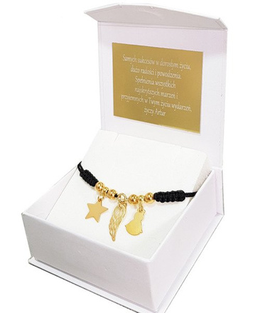 1026 BRANSOLETKA Z GRAWEREM złota sznurek ażurowe skrzydełko, gwiazdka, anioł