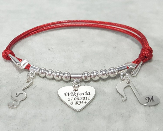 BR962 BRANSOLETKA Z GRAWEREM srebrna na sznurku serce, koniczynka, puzzel