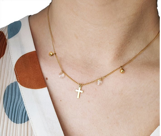 1095 Naszyjnik żółte złoto połączone krzyżyk kuleczki Swarovski Elements