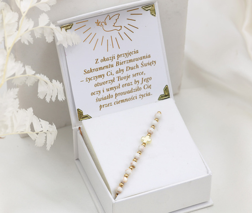 bransoletka różaniec kremowy stal złocona 1877/18