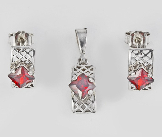 480/235 komplet srebrny ażurowy z bordowymi cyrkoniami