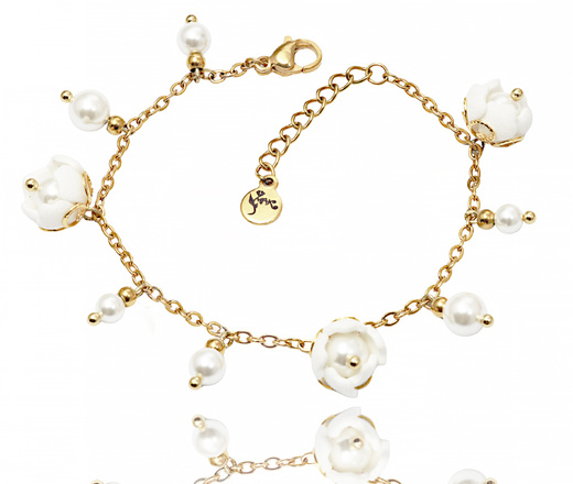 Komplet ślubnej biżuterii z perełkami i kwiatami – naszyjnik, kolczyki, bransoletka 1816/8