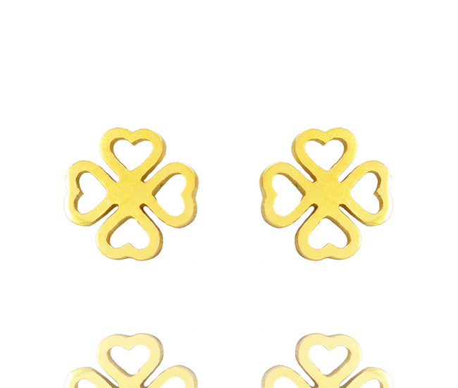 1232/26 kolczyki stalowe złote koniczynki ażurowe 9 mm