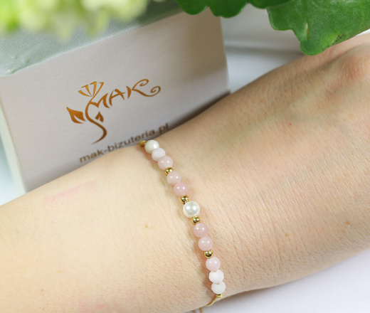 1746/3 różowa bransoletka z kamieniami naturalnymi i perełką dla babci zestaw