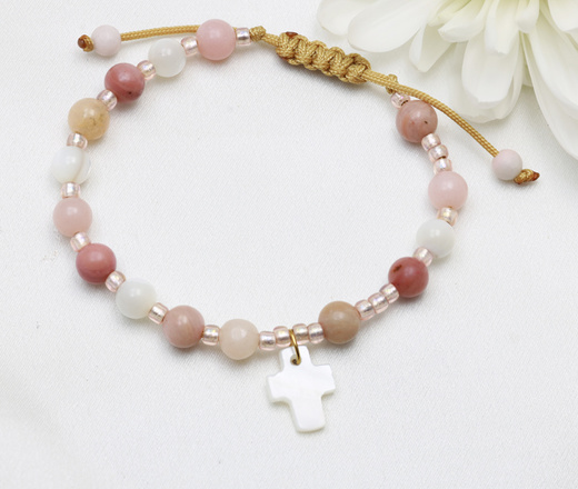 bransoletka różaniec stal złocona na sznureczku pastelowy róż 1877/22