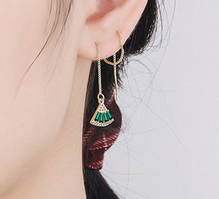 KOL 599/1019 KOLCZYKI przeciągane długie żółte złoto wachlarze zielone