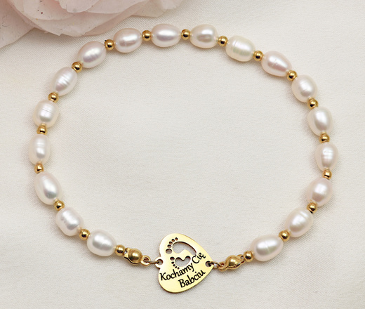 1746/12 Bransoletka z grawerem i perłami naturalnymi dla babci / mamy