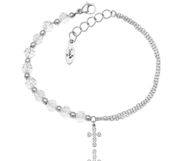 1571/18 bransoletka różaniec srebrna z kryształkami i krzyżem