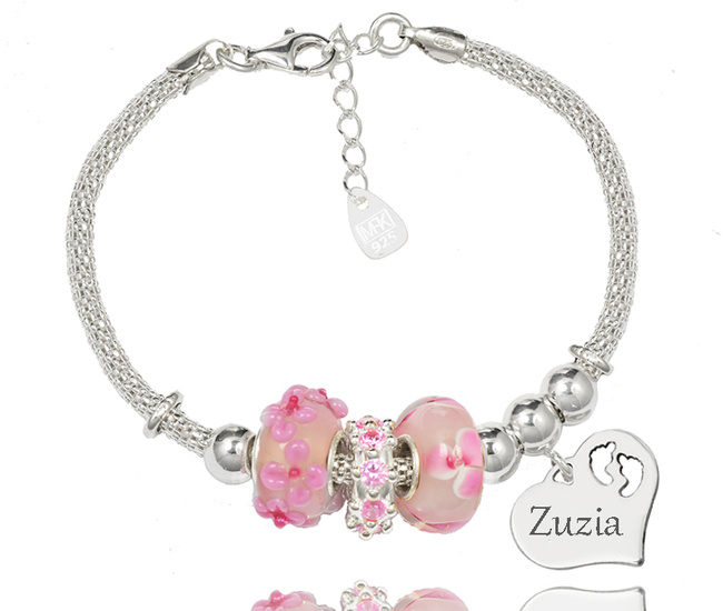 1305 bransoletka grawerowana z serduszkiem beads srebrna różowa