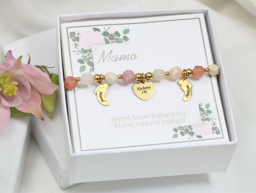 Bransoletka dla mamy z imionami dzieci kamienie naturalne różowe 1621