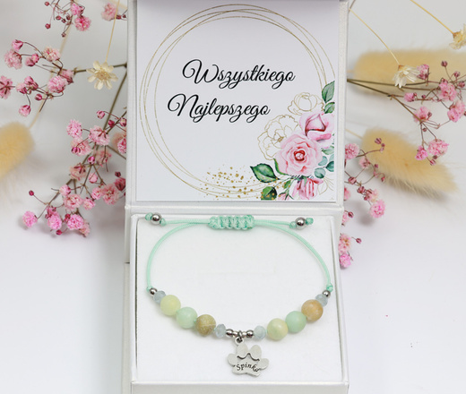 1740 miętowa bransoletka z łapką z grawerem i amazonitem