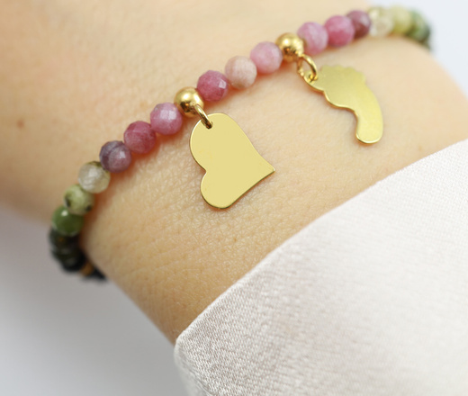 1734/4 zielono-różowa bransoletka srebrna 925 z grawerem i turmalinem