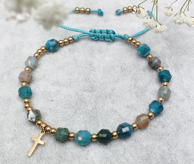 1571/6 bransoletka różaniec stal złocona z kamieniami naturalnymi