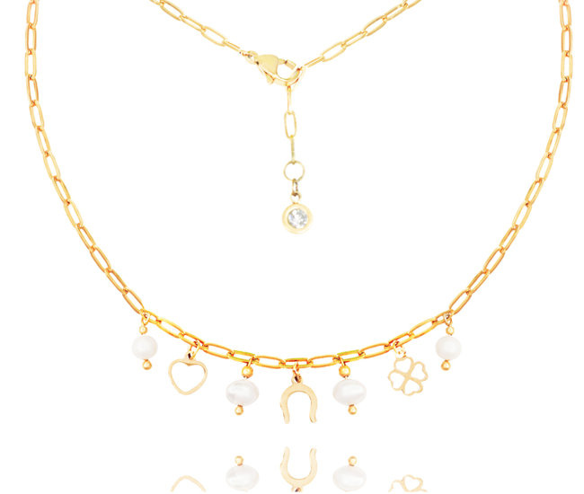 1326/13 naszyjnik pozłacany z perłami, sercem, podkową i koniczynką