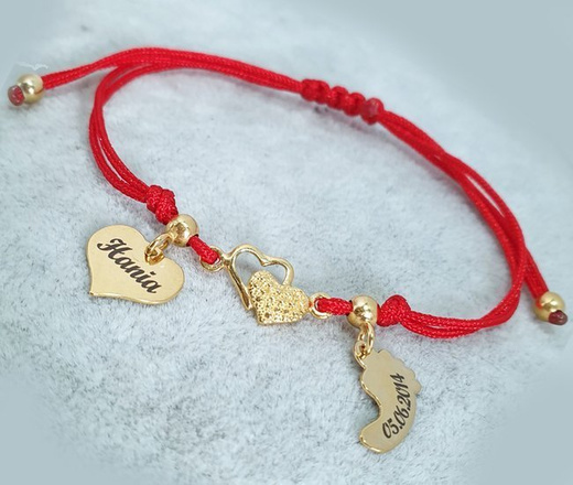 1216 bransoletka pozłacana 925 z połączonymi sercami grawerowana na sznureczku