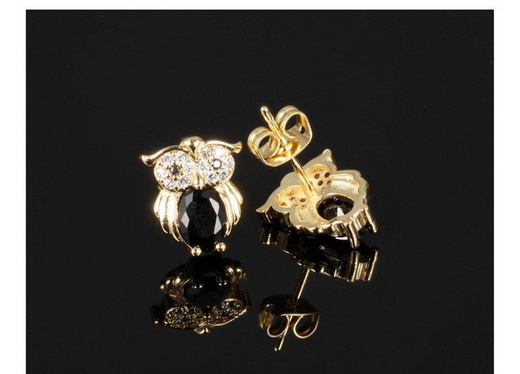 Kol 599/511 kolczyki żółte złoto, wysadzane cyrkoniami, kolczyki sowy CZARNE
