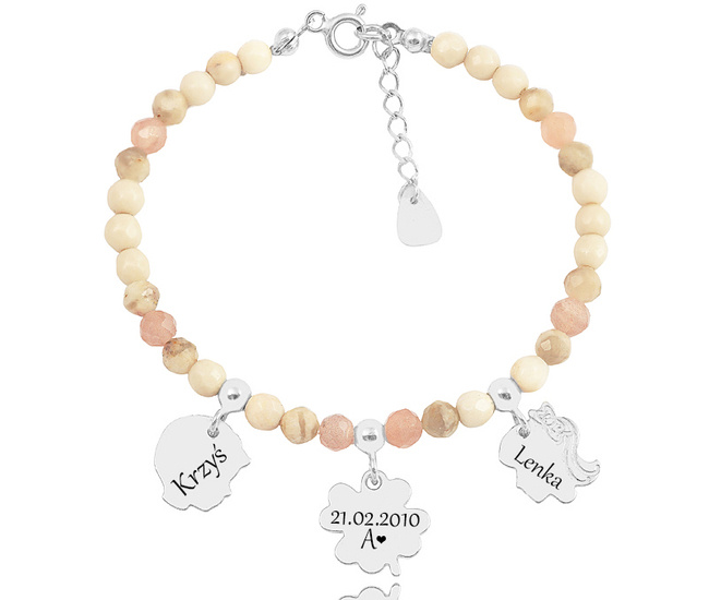 1734/2 beżowo-różowa bransoletka srebrna 925 z grawerem i kamieniami naturalnymi