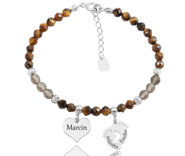 1734/3 brązowa bransoletka srebrna 925 z grawerem i kamieniami naturalnymi