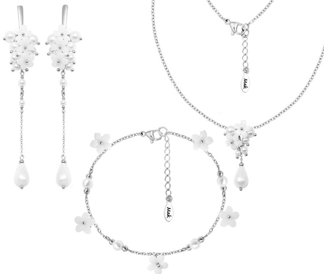 1663 biżuteria ślubna srebrna 925 z kwiatuszkami i perłami