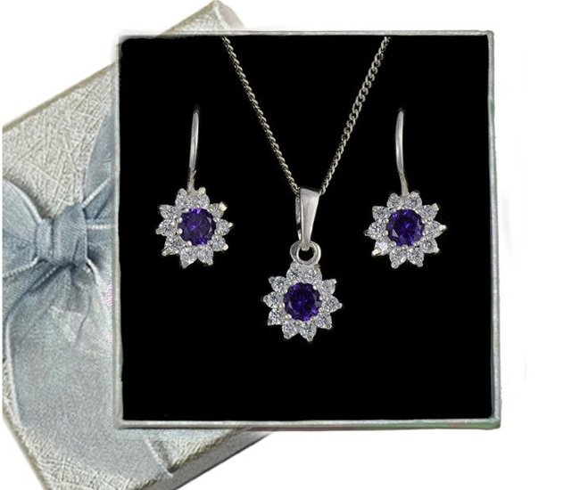 480/121  komplet srebrny kwiatuszki z błyszczącymi fioletowymi cyrkoniami