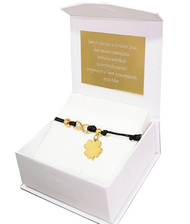 1027 BRANSOLETKA Z GRAWEREM złota na sznureczku infinity z koniczynka