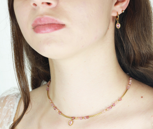 różowy naszyjnik pozłacany z kamieniami naturalnymi i cyrkonią 1765/1