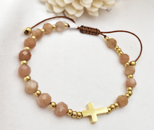 bransoletka różaniec stal złocona na sznureczku kamień słoneczny 1872/1