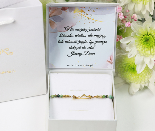 1733/10 bransoletka grawerowana z górami i turkusem afrykańskim pozłacana