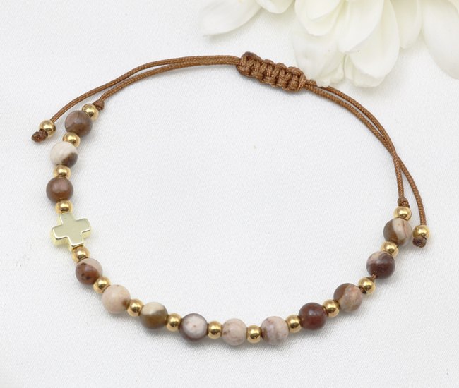bransoletka różaniec z kamienia naturalnych stal złocona brązowy 1877/2