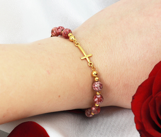 1627/1 bransoletka srebrna 925 pozłacana różaniec z kamieniami naturalnymi chryzantema