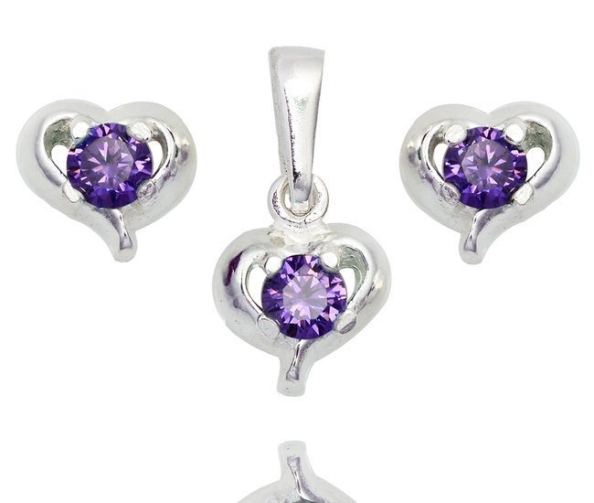 480/363 komplet srebrny 925 serca, cyrkonia fioletowa kolczyki wisiorek