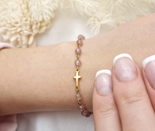 Bransoletka różaniec pozłacana kwarc truskawkowy 1758/15