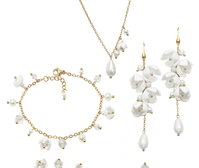 ręcznie robiony komplet ślubny z kwiatami, kryształami i perłami 1816/5