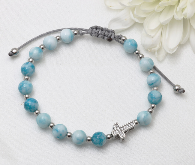 Bransoletka różaniec z krzyżykiem błękitny Larimar 1877/7