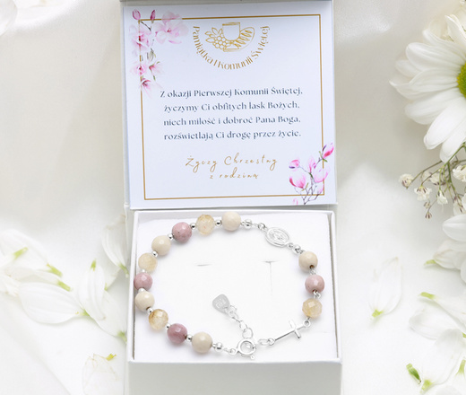 Bransoletka różaniec 1758/14, kamienie naturalne cytryn, kamień rzeczny i rodonit