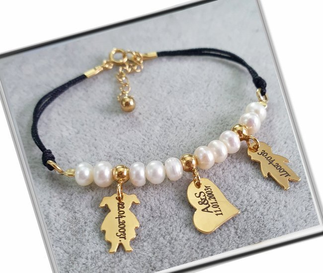 1243 Bransoletka z grawerem złota perełki córka syn srebro pozłacane