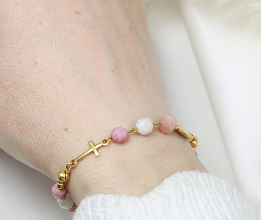 Bransoletka srebrna 925 pozłacana różaniec z pastelowy róż 1808/4