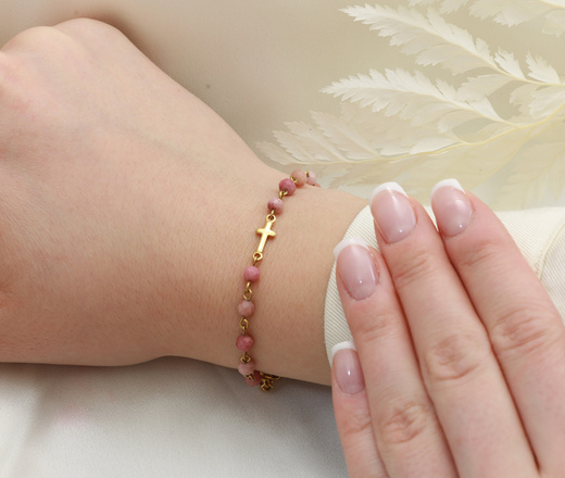 Bransoletka różaniec różowa 1758/6, kamienie naturalne rodonit