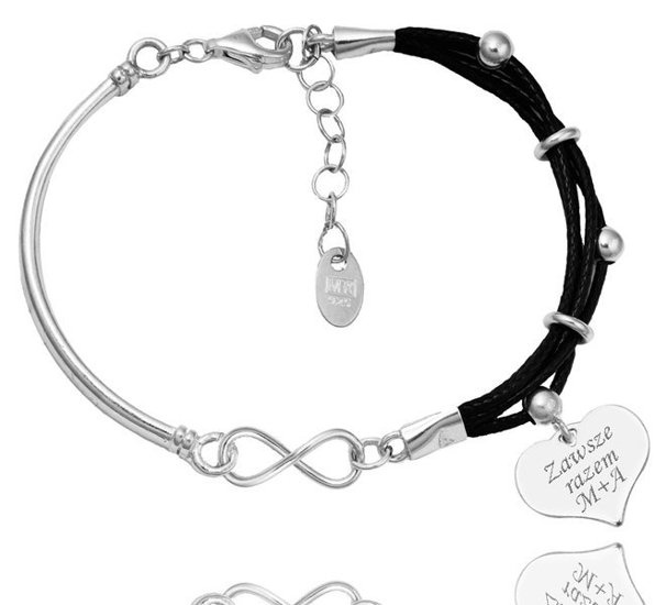 1111 Bransoletka z grawerem srebrna ze znakiem nieskończoności i serduszkiem