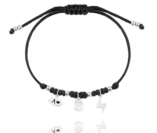 1563 grawerowana bransoletka chmurka kropla piorun srebrna stalowa na sznureczku