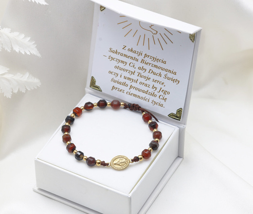 bransoletka różaniec stal złocona na sznureczku agaty brązowe 1877/14