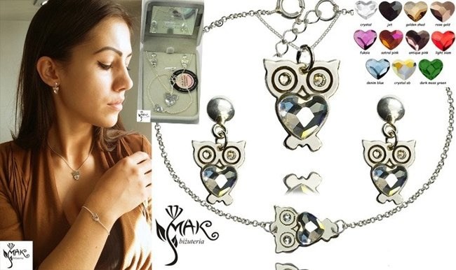 KPL719 Sowy Swarovski Elements KOMPLET kryształy + pudełko z grawerem